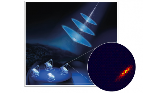 The atmospheric Cherenkov detection principle. A gamma ray interacts in the atmosphere at an altitude of about 15 km. It creates a shower of particles propagating at nearly the speed of light, thus leading to the emission of a thin bluish conic light beam, known as Cherenkov light. The light propagates to the ground where it illuminates a telescope mirror reflecting the photons to a camera consisting of a grid of photomultiplier pixels. Image credit: Thierry Stolarczyk (CEA). The atmospheric Cherenkov detection principle. A gamma ray interacts in the atmosphere at an altitude of about 15 km. It creates a shower of particles propagating at nearly the speed of light, thus leading to the emission of a thin bluish conic light beam, known as Cherenkov light. The light propagates to the ground where it illuminates a telescope mirror reflecting the photons to a camera consisting of a grid of photomultiplier pixels. Image credit: Thierry Stolarczyk (CEA).